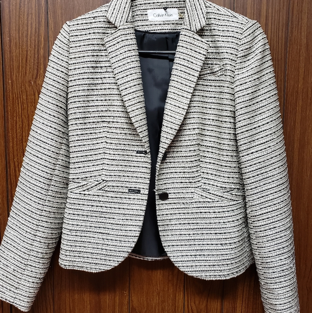 Calvin Klein White Blue Gray Tweed Jacket